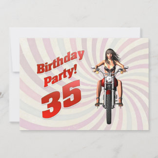 Invitation fête du 35e anniversaire avec une fille sur une mo
