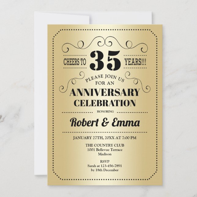 Invitation Fête du 35e anniversaire de mariage - Or Noir (Devant)