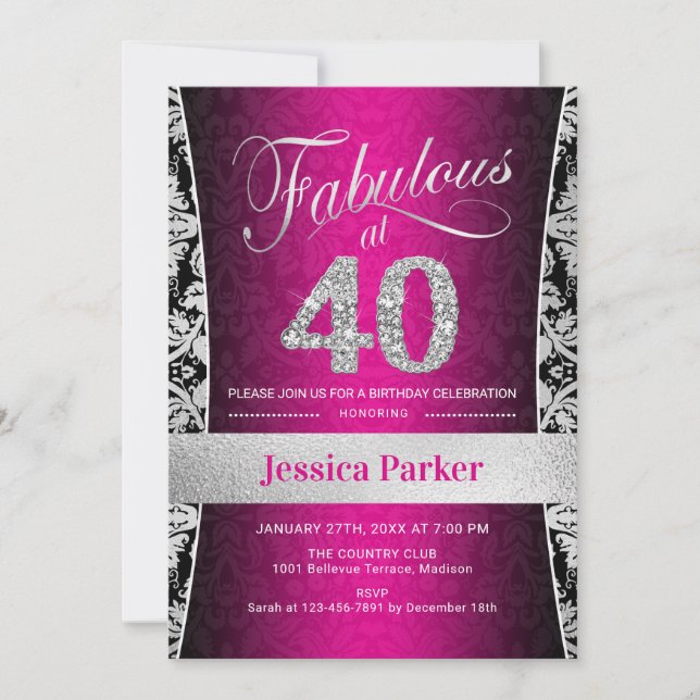 Invitation Fête du 40e anniversaire - Argent rose noir (Devant)