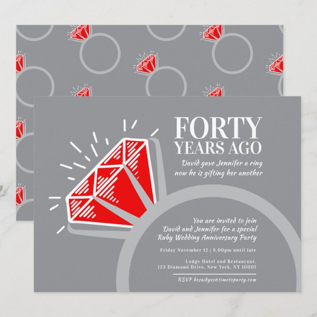 Invitation fête du 40e anniversaire bague rubis rouge graphiq (Devant / Derrière)