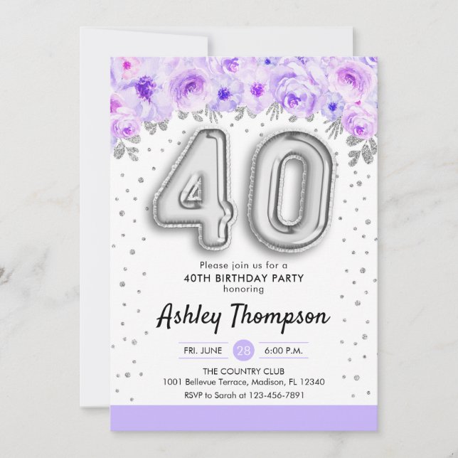 Invitation Fête du 40e anniversaire - Ballons d'argent violet (Devant)