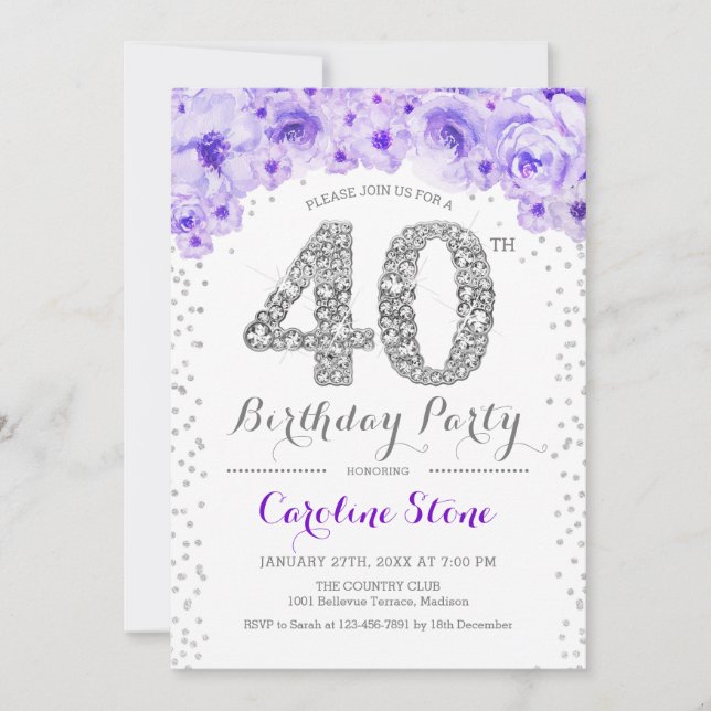 Invitation Fête du 40e anniversaire - Blanc Argent violet (Devant)