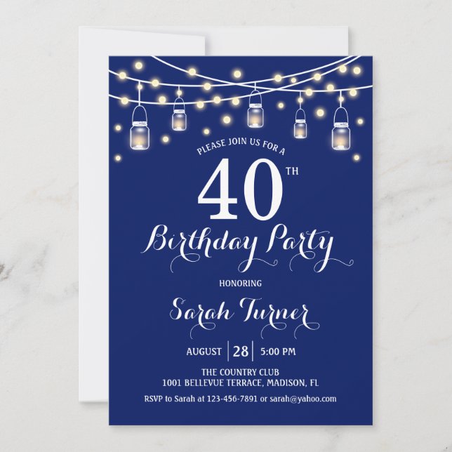 Invitation Fête du 40e anniversaire - bleu marine (Devant)