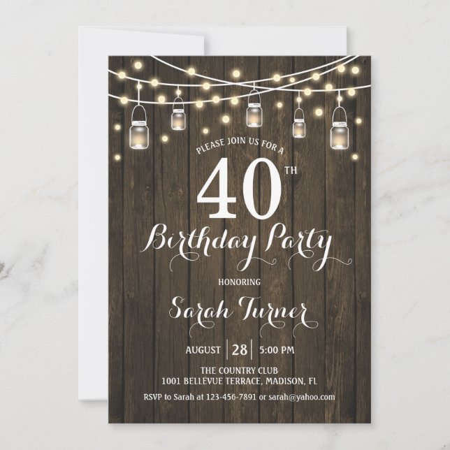 Invitation Fête du 40e anniversaire - Bois rustique (Devant)