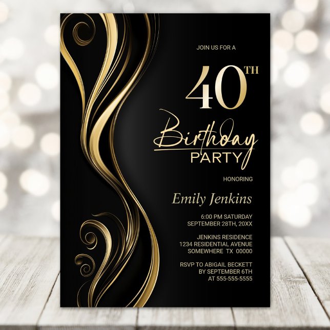 Invitation Fête du 40e anniversaire de Black Gold moderne (Créateur téléchargé)