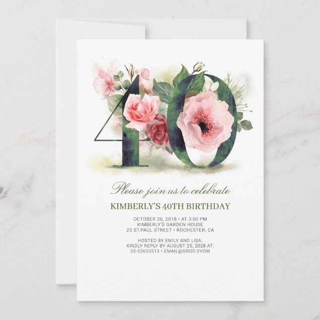 Invitation Fête du 40e anniversaire de Blush Pink (Devant)
