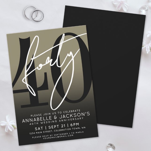 Invitation Fête du 40e anniversaire de l'or noir moderne (Modern Black Gold 40th Anniversary Party Invitation)