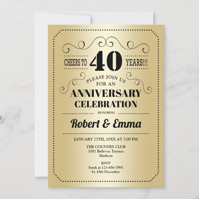 Invitation Fête du 40e anniversaire de mariage - Or Noir (Devant)