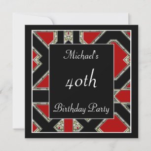 Invitation Fête du 40e anniversaire des hommes Black Red Art