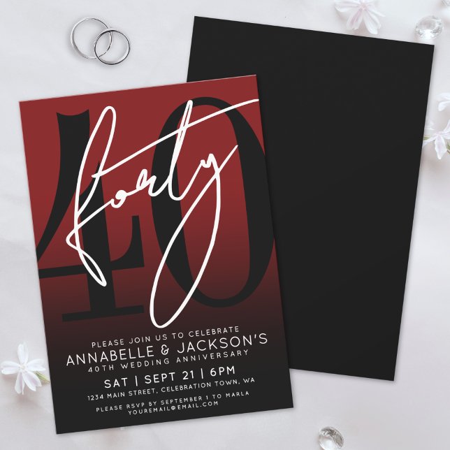 Invitation Fête du 40e anniversaire du Black Red moderne (Modern Black Red 40th Anniversary Party Invitation)