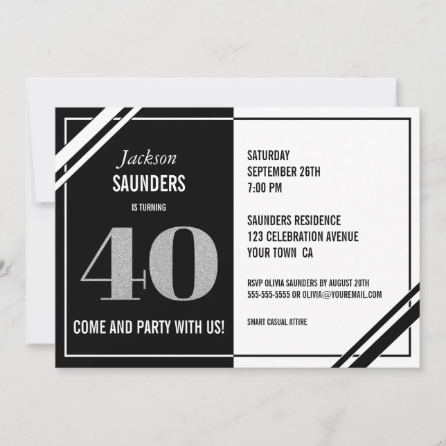 Invitation Fête du 40e anniversaire du Black White moderne (Devant)