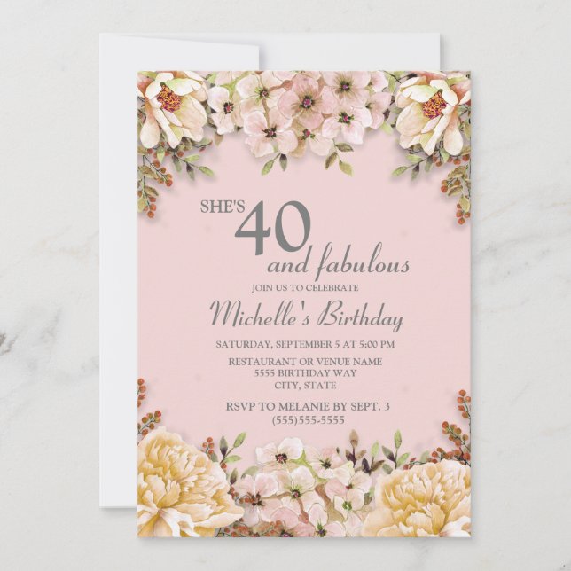 Invitation Fête du 40e anniversaire du Champagne Rose Floral (Devant)