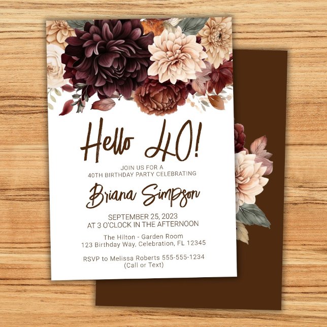 Invitation Fête du 40e anniversaire Fleurs beiges Brown (Créateur téléchargé)
