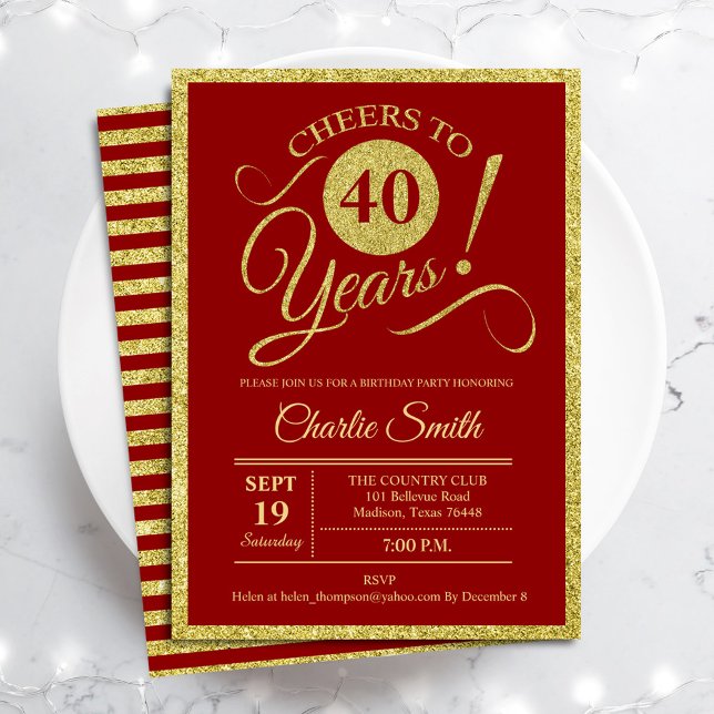 Invitation Fête du 40e anniversaire - Gold Red ANY AGE (Créateur téléchargé)