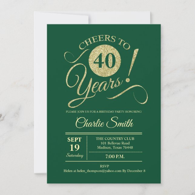 Invitation Fête du 40e anniversaire - Gold Vert (Devant)