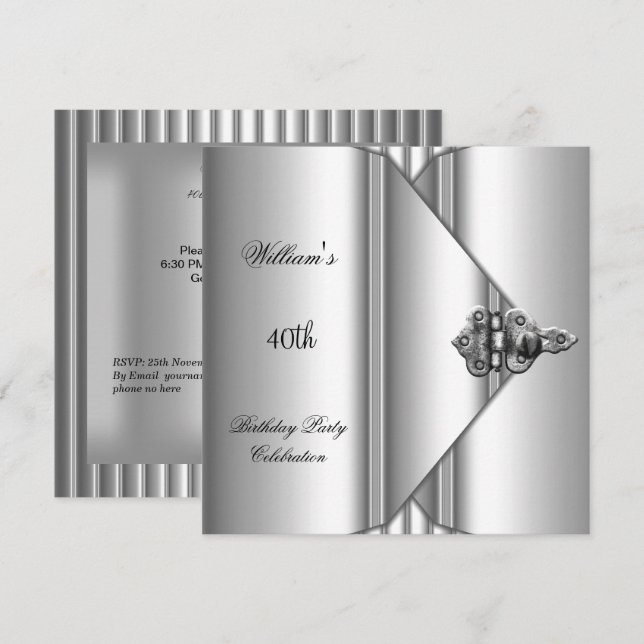 Invitation Fête du 40e anniversaire Hommes élégants Silver Gr (Devant / Derrière)