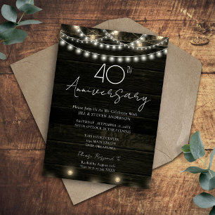 Invitation Fête du 40e anniversaire Lumières en bois rustique