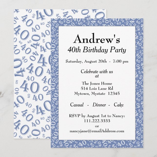 Invitation Fête du 40e anniversaire - Motif de numéro bleu/bl (Devant / Derrière)