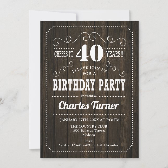 Invitation Fête du 40e anniversaire - Motif en bois Brown (Devant)