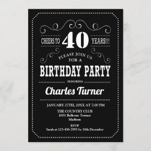 Invitation Fête du 40e anniversaire - Noir Blanc