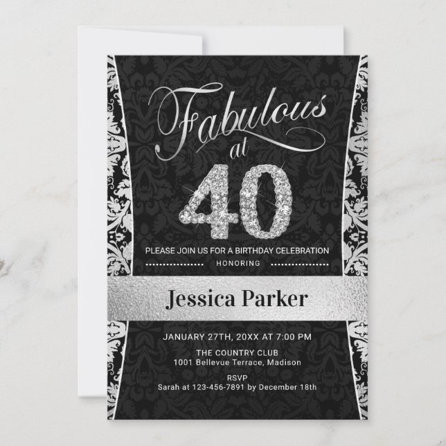 Invitation Fête du 40e anniversaire - Noir d'argent (Devant)