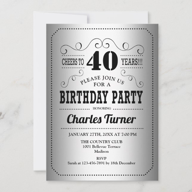 Invitation Fête du 40e anniversaire - Noir d'argent (Devant)