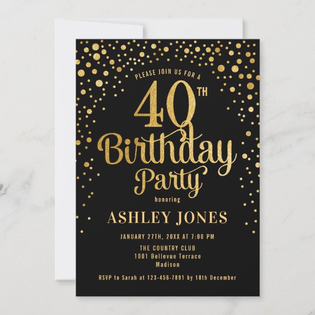 Invitation Fête du 40e anniversaire - Noir & Or (Devant)