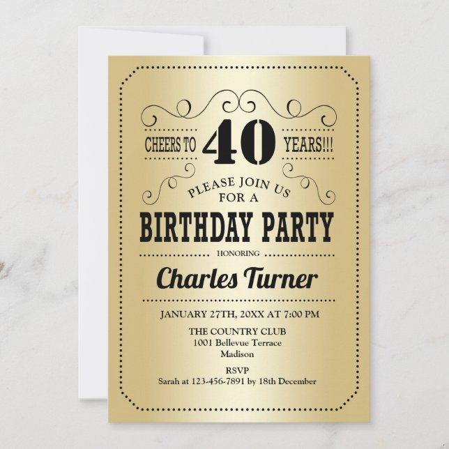 Invitation Fête du 40e anniversaire - Noir or (Devant)