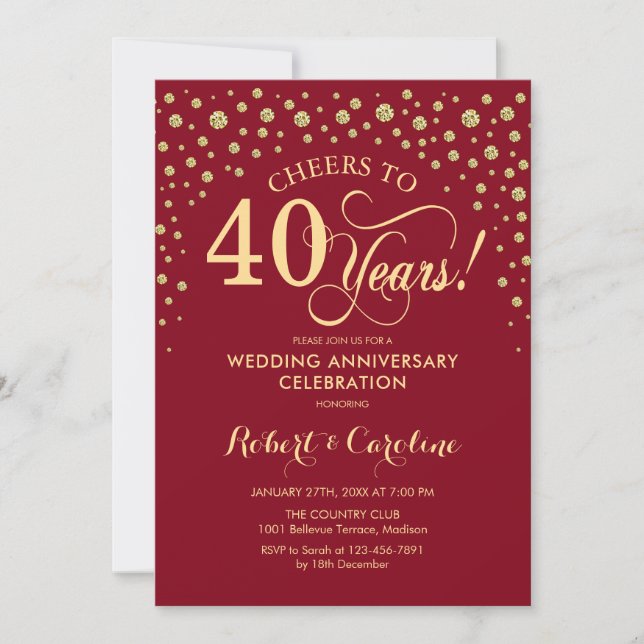 Invitation Fête du 40e Anniversaire - Or Rouge Rubis (Devant)