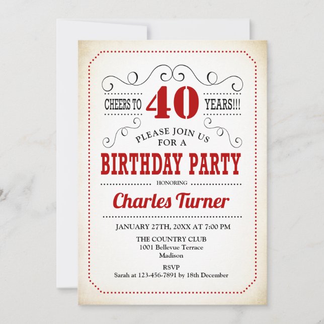 Invitation Fête du 40e anniversaire - Retro Crémeux Blanc et  (Devant)