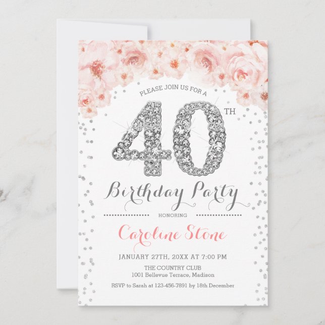 Invitation Fête du 40e anniversaire - Rose d'argent blanc (Devant)