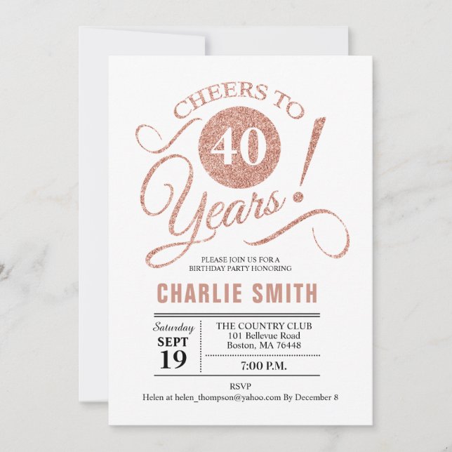 Invitation Fête du 40e anniversaire - Rose Gold White (Devant)