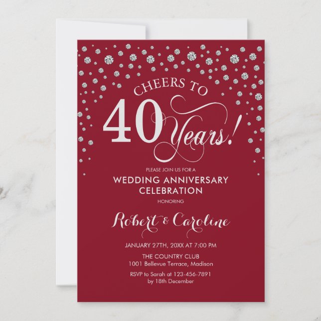 Invitation Fête du 40e anniversaire - Rouge rubis d'argent (Devant)