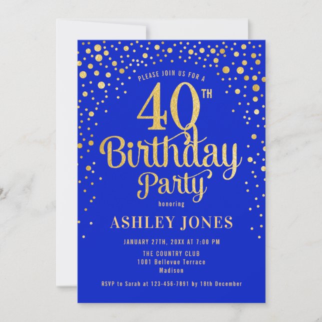 Invitation Fête du 40e anniversaire - Royal Blue & Gold (Devant)