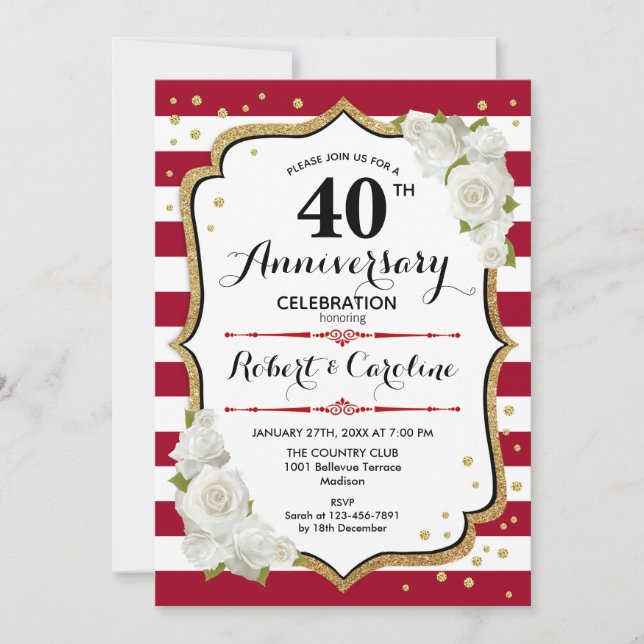 Invitation Fête du 40e anniversaire - Ruby Red Gold White (Devant)