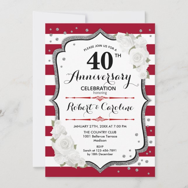Invitation Fête du 40e anniversaire - Ruby Red White Silver (Devant)