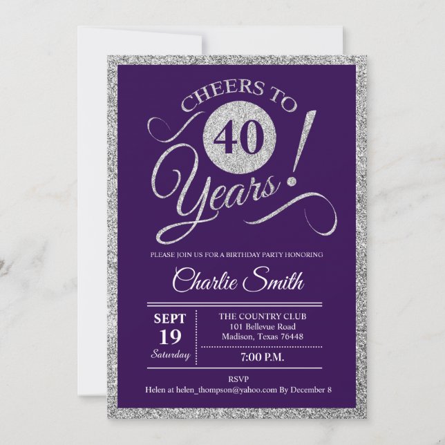 Invitation Fête du 40e anniversaire - Silver Purple TOUTE ANN (Devant)