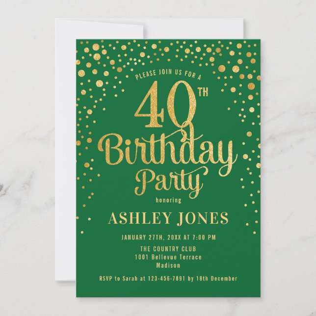 Invitation Fête du 40e anniversaire - Vert & Or (Devant)