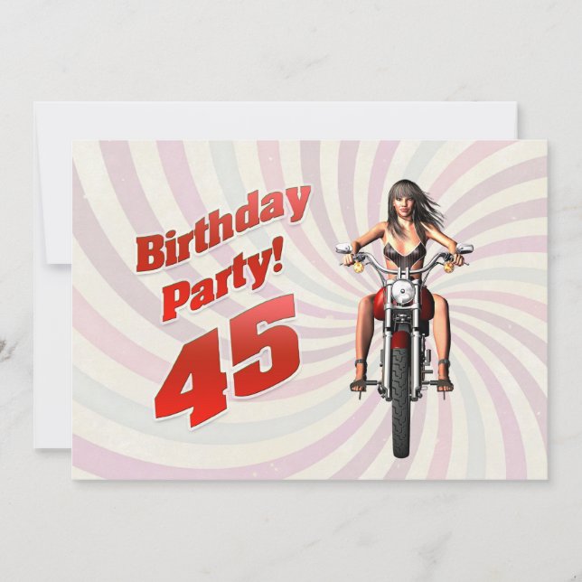 Invitation Fête du 45e anniversaire avec une fille sur une mo (Devant)