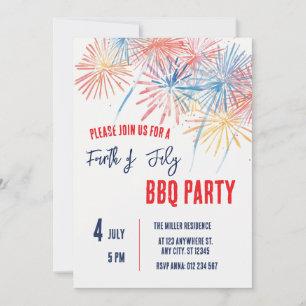 Invitation Fête du 4 juillet Feu d'artifice Rouge Blanc Bleu 