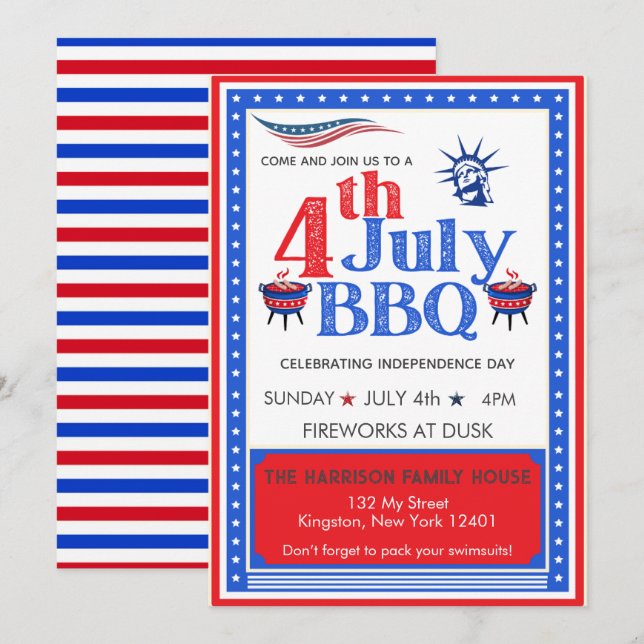 Invitation Fête du 4 juillet Rouge Blanc Bleu Célébration BBQ (Devant / Derrière)