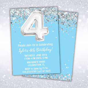 Invitation Fête du 4e anniversaire en argent bleu clair
