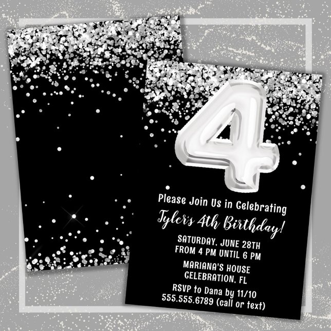 Invitation Fête du 4e anniversaire noir et blanc (Créateur téléchargé)