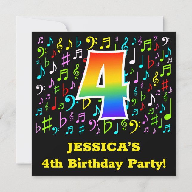 Invitation Fête du 4e anniversaire : Symboles de musique amus (Devant)