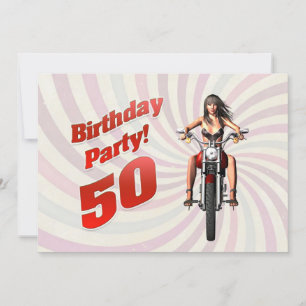 Invitation Fête du 50e anniversaire avec une fille sur une mo