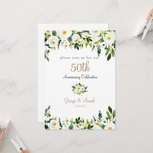 Invitation Fête du 50e Anniversaire Blanc Floral  (Devant/Arrière en situation)