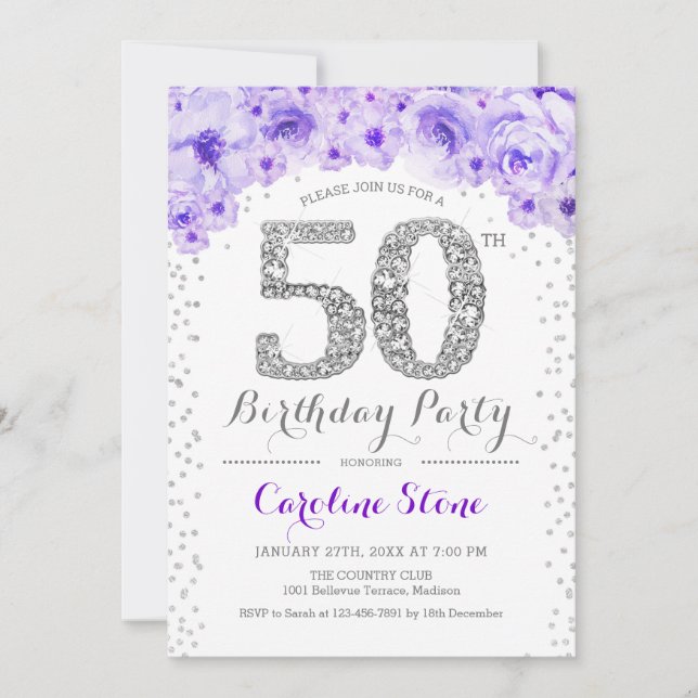 Invitation Fête du 50e anniversaire - Blanc Silver violet (Devant)