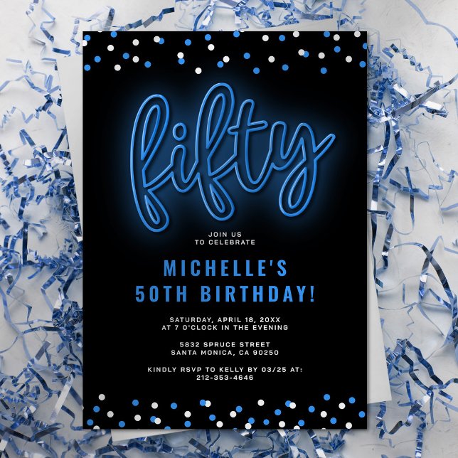 Invitation Fête du 50e anniversaire de Blue Neon adulte (Créateur téléchargé)