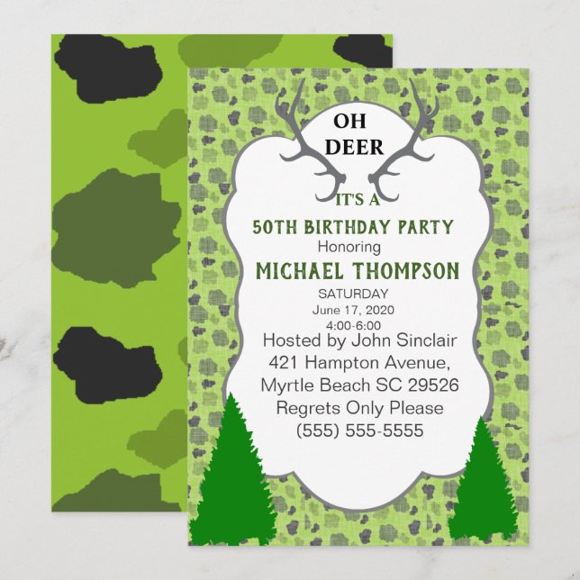 Invitation Fête du 50e anniversaire de Camo et Deer Antlers (Devant / Derrière)