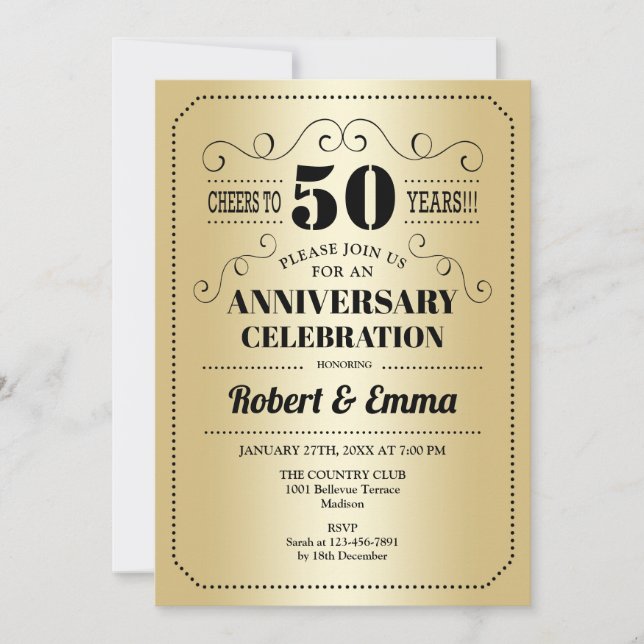 Invitation Fête du 50e anniversaire de mariage - Or Noir (Devant)